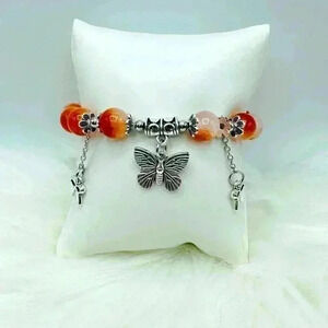 Gradient Glass Bead Bracelet with Butterfly Charms